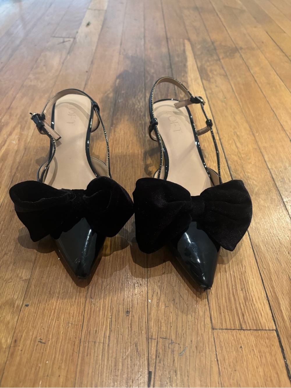 LOFT Black Patent Pointed-Toe Slingbacks with Velvet Bows